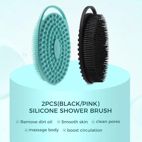 2 Pack Silicone Body Scrubber, Exfoliating Shower Scrubber for All Skin | 2 in 1 dual-sided design, soft bristles and massage bumps side, fast-drying, non-slip handle, for women and men, Black+Green - color: Black&green