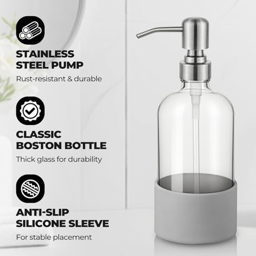 16 oz Hand and Dish Soap Dispenser Set for Kitchen and Bathroom, 500ml Clear Glass Soap Dispenser with Stainless Steel Pump, Non-Slip Silicone Sleeves, Labels - 2 Pack - color: Clear