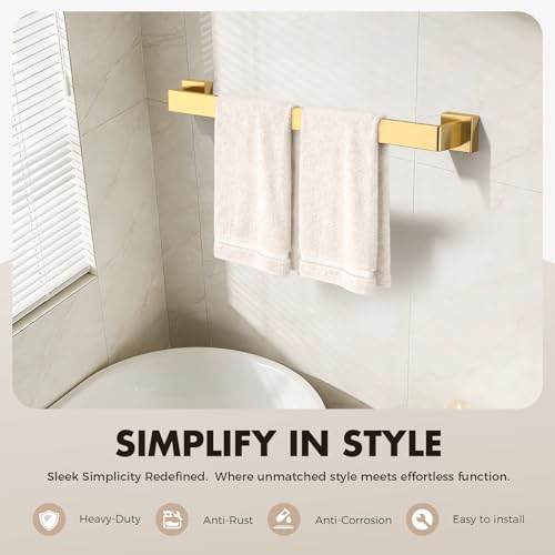 Bathroom Accessory Towel Bar Set: 5 Pieces Gold Bathroom Hardware Square SUS304 Stainless Steel - 24 Inch Wall Mounted Towel Rack&Toilet Paper Holder&Towel Ring and Towel Hook - color: Gold, size: 24inch 5 Pieces