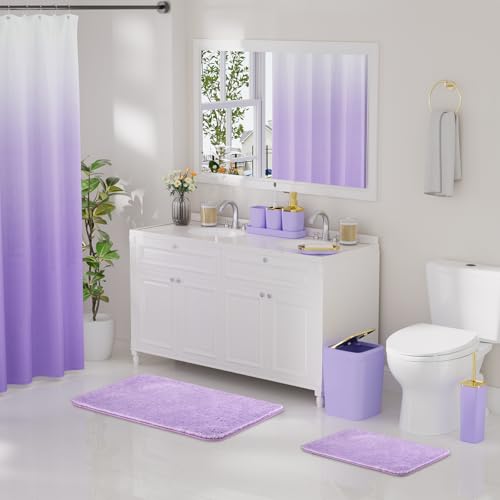 XLHOMO Bathroom Accessory Set - 24PCS Luxury Bathroom Accessories Set, Bathroom Sets with Shower Curtain and Rugs, Purple Bathroom Set with Trash Can, Toothbrush Holder & Soap Dispenser for Home Decor - color: Purple & Gold, size: Gradient Complete Set+Ba