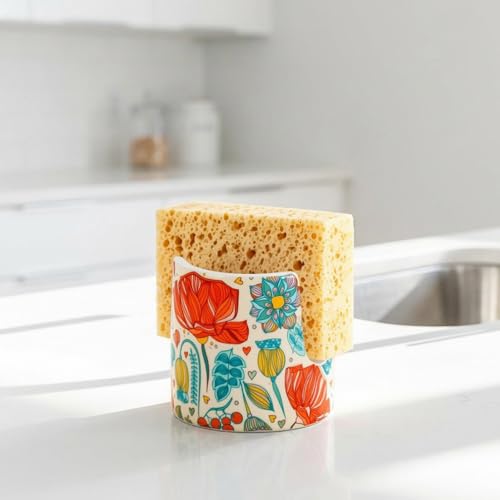 Kitchen Sink Sponge Holder, Dish Sponge Rack Cute Ceramic Brush Holder Farmhouse Kitchen Decor, Floral Dish Rack for Brush, Scrubbers, Bathroom, Sink (Red-Flower) - color: Red-Flower
