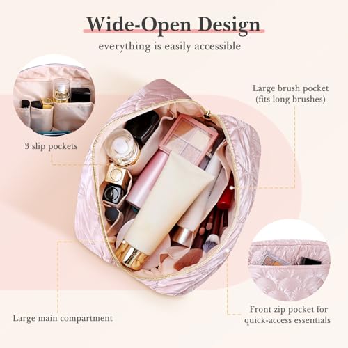 Noozion Makeup Bag Travel Toiletry Bag, Puffy Padded Cosmetic Bag for Women, Makeup Organizer Case, Wide-open Pouch Purse, Travel Essentials - color: Shiny Pink