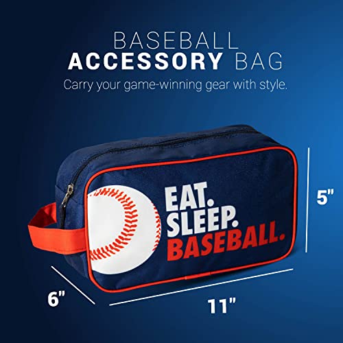 ChalkTalkSPORTS Baseball Toiletry Bag - Eat Sleep Baseball - Navy Blue | Polyester, Center Zipper, Side Handle, 11 x 6 x 5 Inches, Sports Camp Bag, Pencil Case, Dopp Kit, Baseball Gift - color: Eat Sleep Baseball