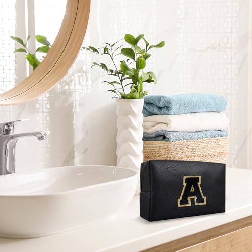 Personalized Initial A-Z Preppy Patch Makeup Bag,Small PU Chenille Letter Cosmetic Bag with Zipper for Teen Girls,Black Cute Toiletry Organizer Bag,Monogram Makeup Case Gift for Women Girls,Letter A - color: Black,Black-Letter, size: A