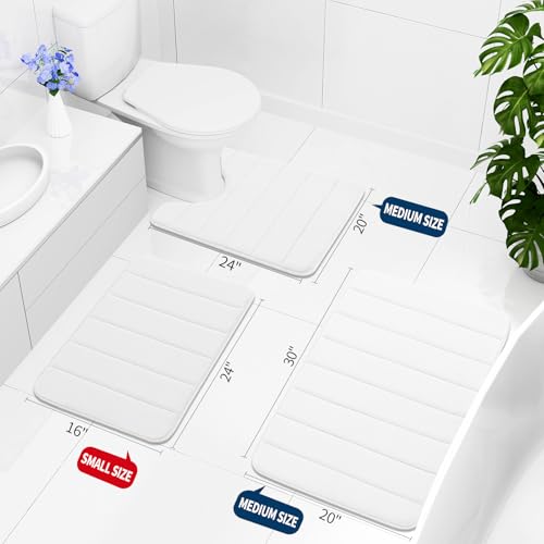 Buganda Memory Foam 3 Pieces Bathroom Rugs Set - Thick Soft Absorbent Bath Mats, Washable Small/Large/Contour Bath Rugs (24" x 16" + 30" x 20" + 24" x 20", White) - color: White, size: 24" X 16" + 30" X 20" + 24" X 20"