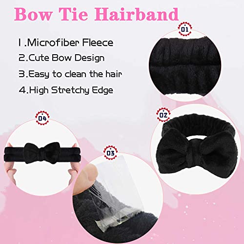 WSYUB Makeup Headbands, 1pcs Black Spa Headband Fluffy Bow Tie Headband Microfiber Face, and 2Pcs Wrist Spa Wash Band Absorbent Wristbands, for Washing Face Skin Care - color: Black