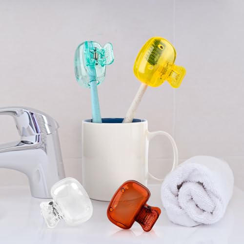 Hxezoc 4 Pack Toothbrush Covers Toothbrush Holders Toothbrush Protector Cap Brush Pod Case Protective Portable Plastic Clip for Household Travel, School, Bathroom, Camping, Business - color: Clear, Yellow, Teal, Brown