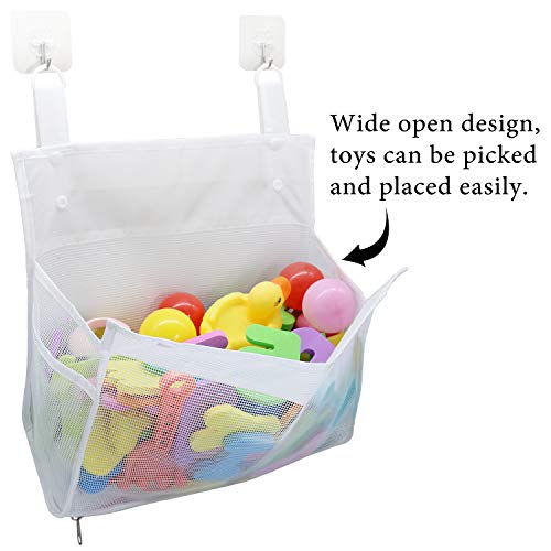 Muchfun Bath Toy Organizer Multiple Ways to Hang | Extra Large Opening Bathroom Toy Holder, Bottom Zipper Bathtub Toy Storage Bag (White) - color: White