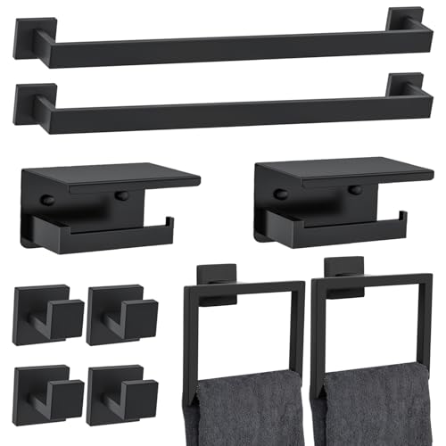 10 Pieces Black Towel Bar Set Bathroom Hardware Accessories Set Upgraded Toilet Paper Holder with Shelf Towel Holder Set for Bathroom Stainless Steel Wall Mounted 23.6in - color: 10pcs-black