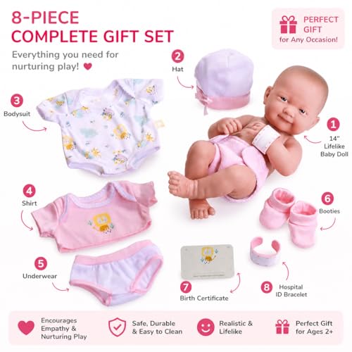 8 piece Layette Baby Doll Gift Set | JC Toys - La Newborn Nursery | 14" Life-Like Smiling Doll w/ Accessories | Pink | Ages 2+, Pink Smiling - color: Smiling Pink