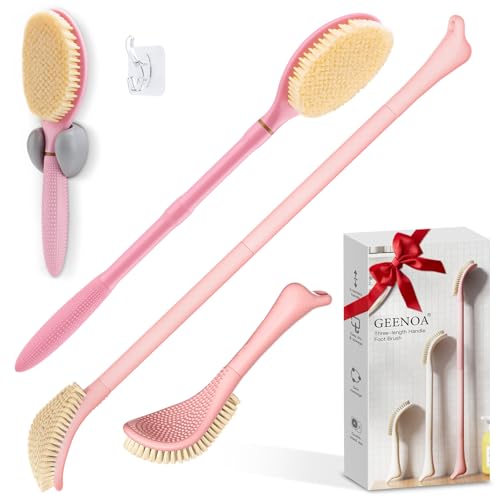 Foot Brush & Back Scrubber Set, 27.5'' Adjustable Foot Scrubber for Shower, 18.9'' Shower Back Scrubber with 3-Length Usage, Great Aid for People with Limited Mobility(Pink Set) - color: Pink Set