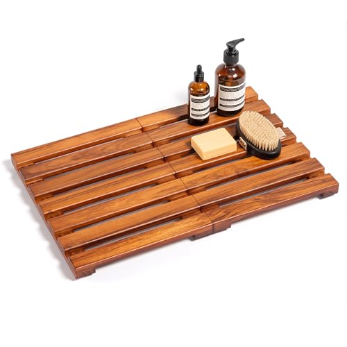 Premium Teak Shower Mat - 21" x 14" Non-Slip Wooden Bath Mat for Bathroom Floor, Fast-Drying Spa-Style Solid Wood Duckboard, Indoor & Outdoor Use - size: 21" x 14" (Rectangular)
