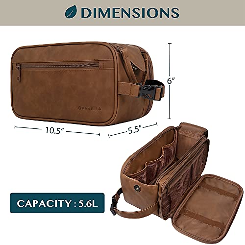PAVILIA Toiletry Bag for Men, Travel Essentials Shaving Dopp Kit, Mens Travel Bag Toiletries Organizer Case for Grooming, PU Leather Water Resistant Cosmetic Bag Pouch (Brown) - color: Brown, size: Large (10.5x5.5x6)