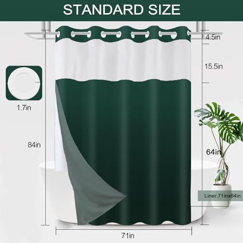 Extra Long No Hook Shower Curtain with Snap in Liner, Ombre Dark Green Shower Curtains and Liner Set, Hotel Fabric Bath Curtain for Bathroom, Mesh Top Window Waterproof Washable, 71" x 84" - color: Ombre Dark Green, size: 71"W x 84"L (Pack of 1)