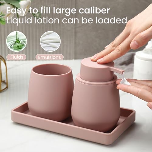 Bathroom Accessories Set, Modern 3 Pcs Bathroom Essentials - Soap Dispenser, Toothbrush Holder & Tray, Countertop Vanity Organizer (Pink) - color: Pink