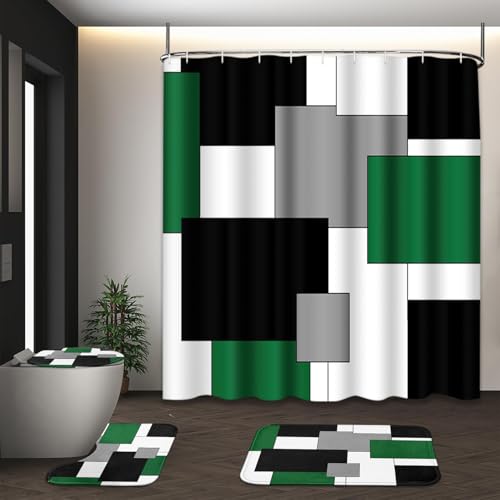 Green Geometric Shower Curtain Set with Toilet Lid Cover and Non-Slip Rugs for Bathroom, Grey Black White Checkered 4 Pcs Shower Curtain, Modern Abstract Bathroom Set with 12 Hooks - color: Abstract Geometric Green