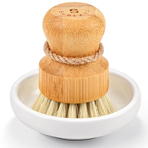 SUBEKYU Bamboo Dish Scrub Brush for Kitchen Sink, Natural Wooden Washing Dish Brush Scrubber with Sisal Bristles for Household Cleaning, Cast Iron Pots, Pans and Vegetables - color: Ceramics Base + Sisal Brush, 1p
