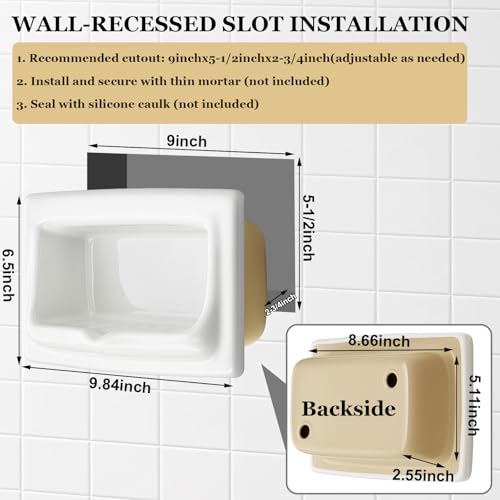 1 Pcs 9.8 x 6.5 White Vintage Recessed Ceramic Soap Dish for Shower Wall, Space-Saving, Large Retro Ceramic Soap Holder, Self-draining Built-in Holder for Bathroom & Laundry Keep Dish Dry - style: Recessed