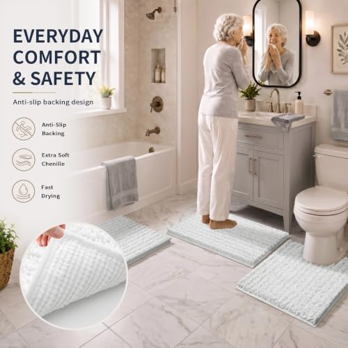 Yimobra Bathroom Rug Set 3 Piece - Super Absorbent Quick Dry Chenille Bath Mats & Toilet Rug, Non Slip Machine Washable, Extra Thick Shaggy Floor Mat for Shower Tub Sink, White - color: White, size: 24"x20" + 30"x20"+ 44"x24"