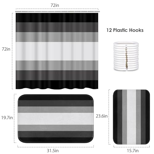 ArtSocket Black Grey Ombre Bathroom Set with Shower Curtain and Bath Rugs and Accessories,Modern Striped Lines Gray Non-Slip Shower Curtain Set,Bathroom Decor 3 Pcs - color: Black Striped Ombre