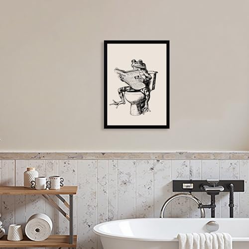Urmoya Funny Frog on Toilet Bathroom Decor Framed Wall Art 12x16 in | Wood frame, Frog reading newspaper print, Humor decor, Canvas wall art, Ready to hang, for bathroom or restroom - color: Frog, size: 16"L x 12"W