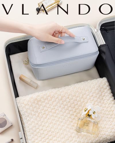 VLANDO Makeup Bag,Travel Toiletry Bag,Cosmetic Bag for Women PU Leather Portable Make up Bag for Skincare, Brushes & Travel Essentials-Baby Blue - color: 06-Baby Blue