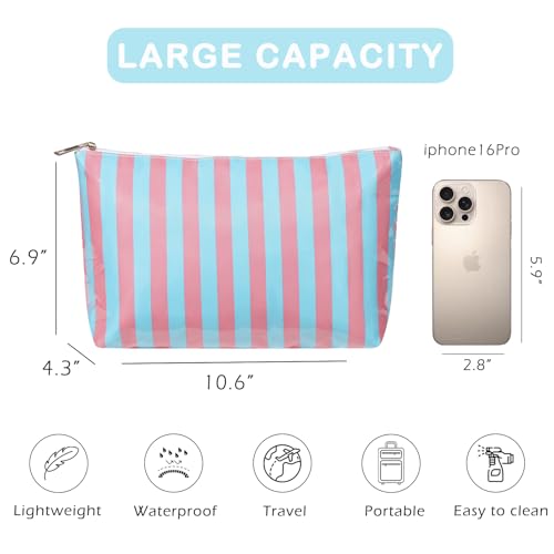 RSRSLEII Large Waterproof Travel Stripe Makeup Bag,Aesthetic PVC Toiletry Bag,Coquette Cosmetic Bag Organizer,Cute Preppy Carry-on Travel Accessories Essentials for Women Girls(02Pink Blue) - color: 02Pink Blue