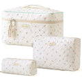 HBselect Quilted Makeup Bag, 3PCS Cotton Large Travel Makeup Bag, Cute Floral Coquette Make up Bag Cosmetic Bag Toiletry Bag for Women Girls - color: A-3PCS-Cherry