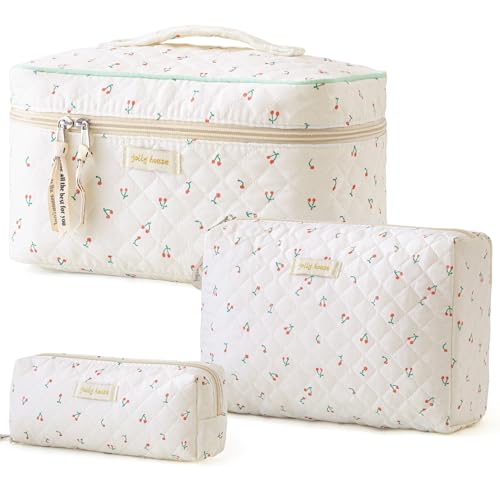HBselect Quilted Makeup Bag, 3PCS Cotton Large Travel Makeup Bag, Cute Floral Coquette Make up Bag Cosmetic Bag Toiletry Bag for Women Girls - color: A-3PCS-Cherry