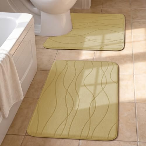 YIHOUSE Bathroom Rugs Set 2 Piece, Memory Foam Bath Mat Beige | U Shaped+Small Mat, Ultra Soft, Absorbent, Non-Slip, Machine Washable, for Bathroom, Sink and Toilet - color: Beige, size: 2' x 1'5" (Rectangular)