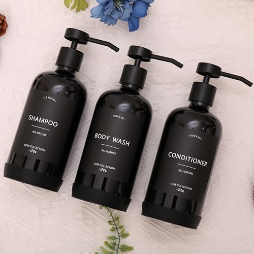 Shampoo and Conditioner Dispenser Set of 3,Refillable 21oz Shampoo Bottles with Non-Slip Protective Silicone Pad,Shower Soap Dispenser with Waterproof Labels for Bathroom (Black) - color: Black Bottles +Black Pumps