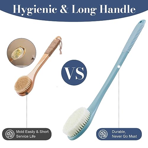 Back Scrubber for Shower, Shower Body Brush for Cleaning with Long Handle for Showering, 17 Inch Back Washer Exfoliator for Shower Men Women with Non-Slip Handle, Adhesive Hook (Blue) - size: Blue - Artificial Bristles