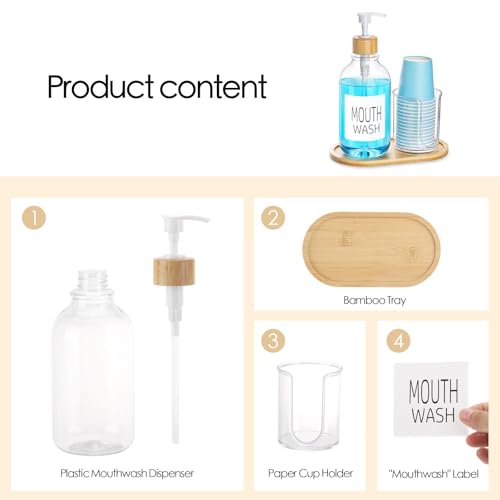 Mouthwash Dispenser with Cup Holder, Plastic Mouth Wash Pump Bottle with Tray for Bathroom Organizers, 17oz Refillable Clear Mouthwash Container - Bamboo - color: Group a - Clear