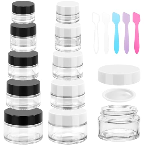 Accmor 10 Pcs Small Glass Jars with Lids, Makeup Travel Containers Size 0.18/0.35/0.53/0.7/1 OZ Round Cosmetic Jars with Inner Liners & Spatulas, Reusable Makeup Sample Container for Creams, Lotion - color: Black,White