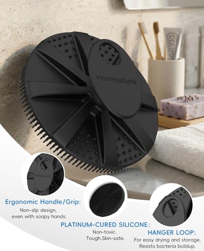 Soft Silicone Shower Brush Body Wash Bath Exfoliating Skin Massage Scrubber | 2 Pack Dry Skin Brushing Glove Loofah, Fit for Sensitive and All Kinds of Skin(Sky Blue+Black) - color: Black+sky Blue
