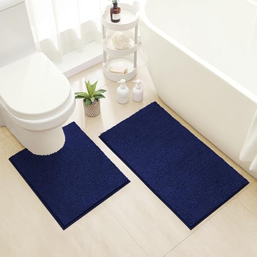 HOMEIDEAS Bathroom Rugs Set 2 Pieces, Ultra Soft Non Slip Absorbent Chenille Toilet Bath Mat Set (Navy Blue) - color: Blue-navy Blue, size: 1'8" x 2'8" (U Shape 20"x24"+20"x32")