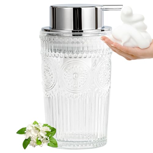 Glass Foaming Soap Dispenser - Foam Hand Soap Dispenser Bathroom, 10 OZ Clear Refillable Liquid Dispenser for Kitchen Dish Dispenser Silvery Foam Pump - color: Silvery-10 Oz