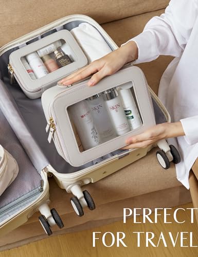 Popvibe Clear Makeup Case Set Toiletry Bag Travel Large Clear Cosmetic Bag with Zipper, Big Make Up Bag Organizer Women Traveling TSA Approved Transparent Bag Car for Essentials, Beige Grey - color: Beige Grey, style: Dual Elegance