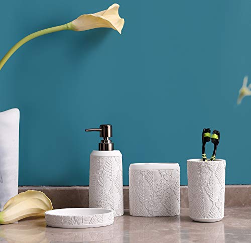 Hymmah Bathroom Accessories Set,Toothbrush Holder,Farmhouse Decor,4 Pcs Resin Gift Apartment Necessities, Contain Toothbrush Cup,Soap Dispenser & Dish,Tumbler - color: Leaf White
