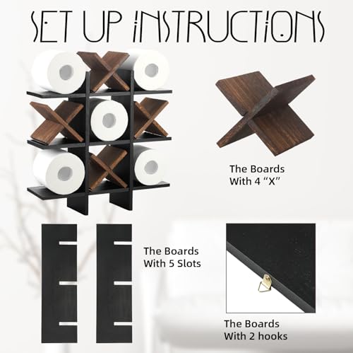 Weysat Tic Tac Toe Toilet Paper Holder Stand Bathroom Wall Decor Rustic Wooden Hanging Storage Freestanding Wall Mounted Shelves Decor for Toilet Tissue Farmhouse - color: Black, Dark Brown