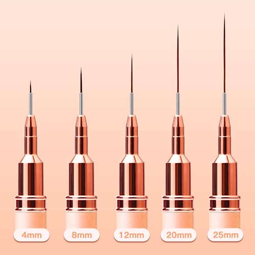 Komall Metallic Nail Art Brushes, 5Pcs Liner Brushes for Nails, Gold | For Long Lines, Thin Details, Fine Drawing, Liner Brush UV Gel Polish Painting Nail Design Pen Sizes 4/8/12/20/25mm - color: Champagne Gold