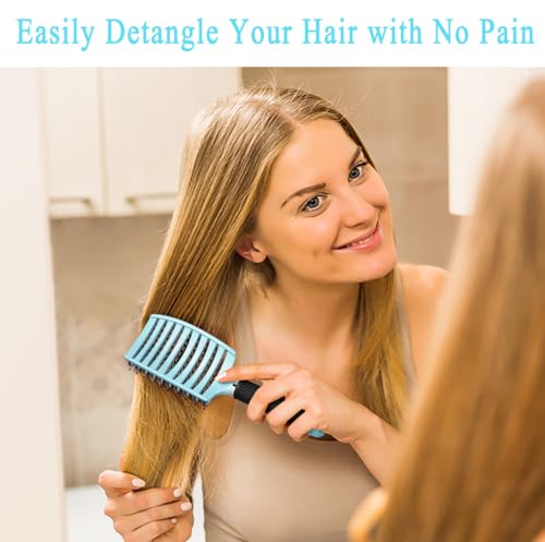 KTKUDY Detangling Brush Boar Bristles Hairbrush Make Hair Shiny & Healthier Curved and Vented Detangler Brush for Women Men Kids Wet and Dry Hair (light Blue) - color: light blue