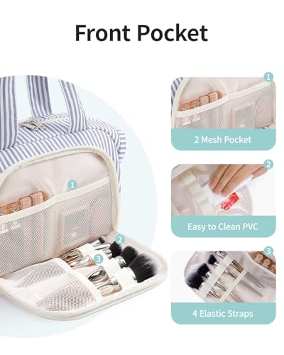 Narwey Travel Toiletry Bag for Women, Wide Open Large Makeup Bag, Cosmetic Bag Make Up Organizer with Handle, Wet Pocket for Towel, Travel Bag for Toiletries, Brushes, Essentials (Greyish Blue Stripe) - color: Y-Greyish Blue Stripe