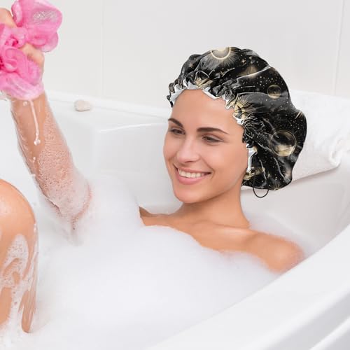 2 PCS Shower Cap Waterproof Double Layer Elastic Adjustable Reusable Hair Bath Caps for Girls Women Cute Aesthetic-Black 2 - color: G12-Black 2