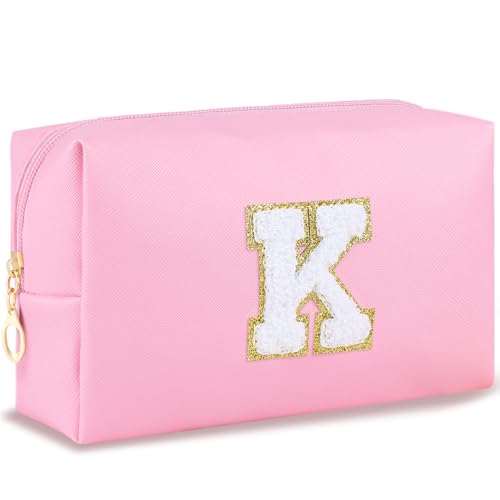 URSKYTOUS Initial Preppy Makeup Bag Travel Small Cosmetic Bag Cute Pink Personalized Preppy Makeup Pouch Zippered PU Toiletry Bag Christmas Birthday Gifts for Women Mom Teacher Friends(K) - color: Pink, size: K