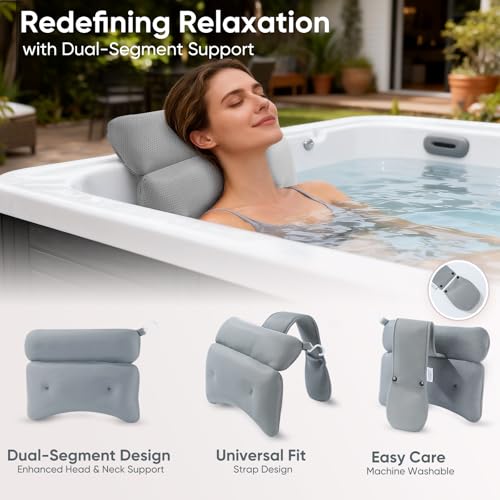 2-Pack Dual-Section Pillows for Hot Tub (Grey) – Dual-Section Head & Neck Support Cushion for Spa & Chaise Lounge, Removable Weighted Pouch, Adjustable Long Strap & Easy-Dry Hook