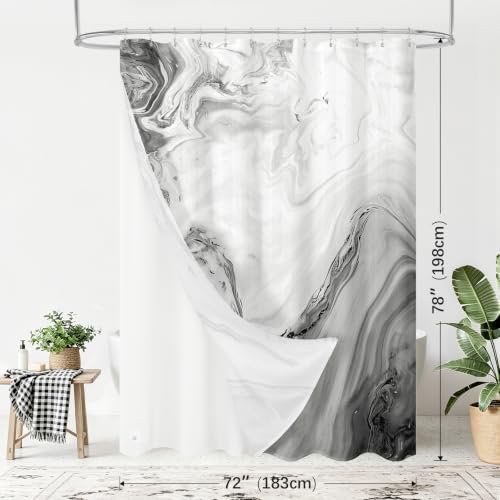 MitoVilla 3 in 1 Long Grey Marble Shower Curtain Set-72 W x 78 H, Modern Ripple Shower Curtain and Waterproof Fabric PEVA Liner Set with 12 Stainless Steel Hooks - color: 3 in 1 - Grey, size: 72"W x 78"L (Pack of 1)