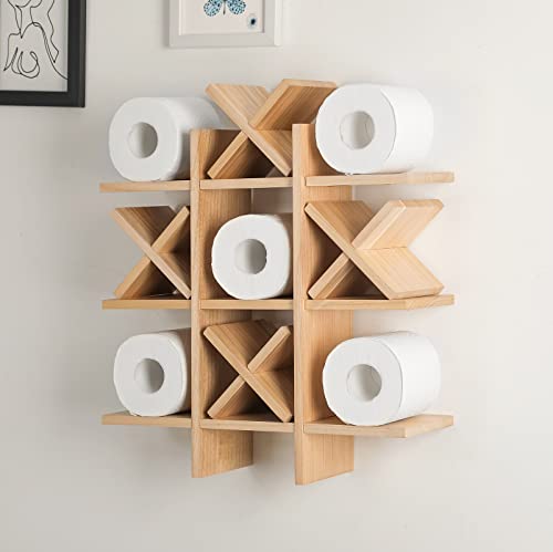 Weysat Tic Tac Toe Toilet Paper Holder Stand Bathroom Wall Decor Rustic Wooden Hanging Storage Freestanding Wall Mounted Shelves Decor for Toilet Tissue Farmhouse - color: Wood Color