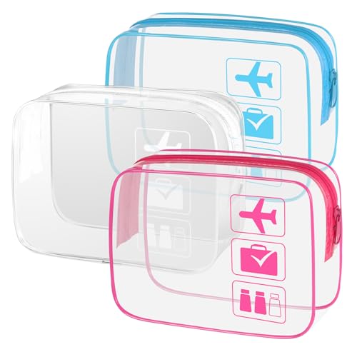 Sogiv 3Pcs TSA Approved Clear Travel Toiletry Bag, Unisex, White+Blue+Pink, 8.3 x 6.3 x 2.4 inches, Waterproof, Easy to Clean, Cosmetic Case, Travel Organizer - color: White+Blue+Pink