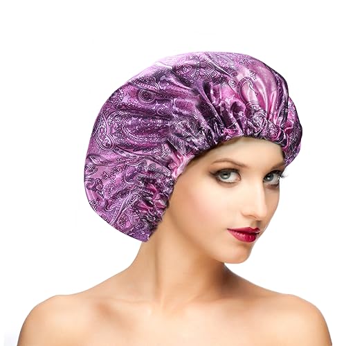 Fishent Shower Cap, Large Shower Caps for Women Reusable Double Layer Waterproof, Adjustable Extra Large Shower Cap for Long Hair and Braids（Purple Print) - color: Purple print, size: X-Large